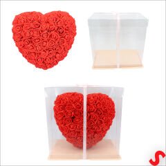 Şeffaf PVC Kutulu Kırmızı Yapay Güllü Kalp – 25 cm