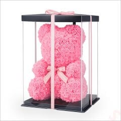 Şeffaf PVC Kutulu Pembe Yapay Güllü Teddy – 28 cm