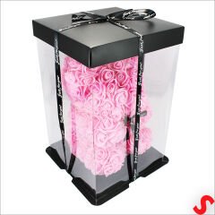 Şeffaf PVC Kutulu Pembe Yapay Güllü Teddy – 28 cm