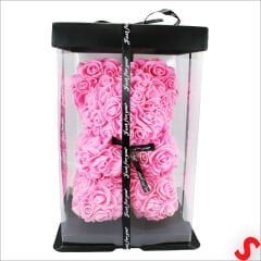 Şeffaf PVC Kutulu Pembe Yapay Güllü Teddy – 28 cm
