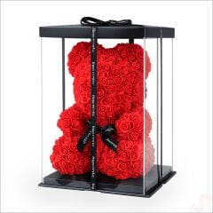 Şeffaf PVC Kutulu Kırmızı Yapay Güllü Teddy – 28 cm
