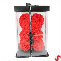 Şeffaf PVC Kutulu Kırmızı Yapay Güllü Teddy – 28 cm
