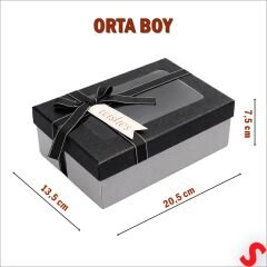 Pencereli ve Fiyonklu Dikdörtgen Hediye Kutusu 20,5 cm – Siyah