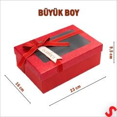 Pencereli ve Fiyonklu Dikdörtgen Hediye Kutusu 23 cm – Kırmızı