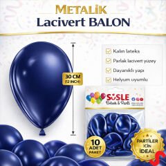 Metalik Parlak Balon, 30 cm x 10 Adet - Lacivert