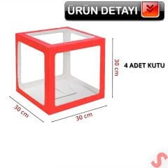 Şeffaf Balon Kutusu, 30cm x 4 Adetli Set - Kırmızı