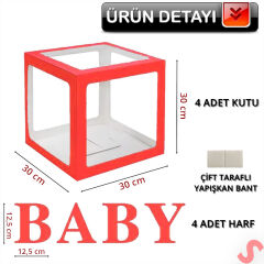 Baby Yazılı Şeffaf Balon Kutusu, 30cm x 4 Adetli Set - Kırmızı