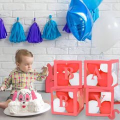 Baby Yazılı Şeffaf Balon Kutusu, 30cm x 4 Adetli Set - Kırmızı