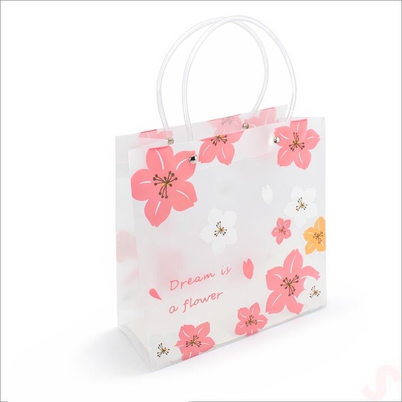 Mat Şeffaf PVC Çiçek Desenli Hediye Çantası 24×22×10 cm – Pembe