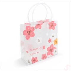 Mat Şeffaf PVC Çiçek Desenli Hediye Çantası 24×22×10 cm – Pembe