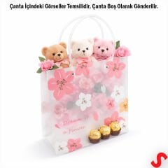 Mat Şeffaf PVC Çiçek Desenli Hediye Çantası 24×22×10 cm – Pembe