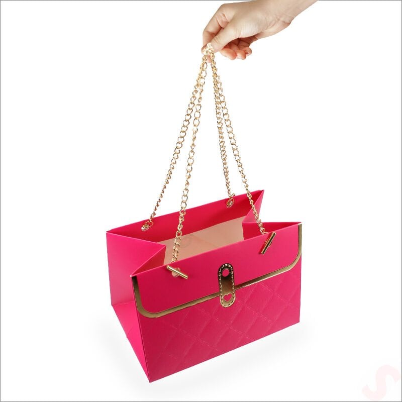 Zincir Askılı Karton Hediye Çantası 15×11×10 cm – Fuşya
