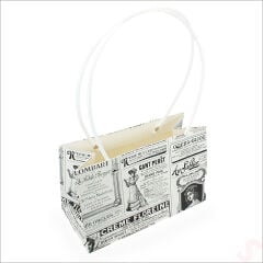 Vintage Gazete Baskılı Karton Hediye Çantası  22×14×11 cm – Beyaz