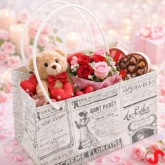 Vintage Gazete Baskılı Karton Hediye Çantası  22×14×11 cm – Beyaz