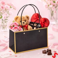 Altın Çerçeveli Karton Hediye Çantası  22×14×11 cm – Siyah