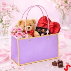 Altın Çerçeveli Karton Hediye Çantası  22×14×11 cm – Lila