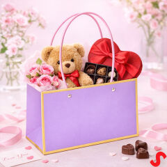 Altın Çerçeveli Karton Hediye Çantası  22×14×11 cm – Lila