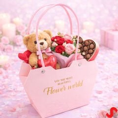 Baskılı Kalp Karton Hediye Çantası 23×15×9 cm - Pembe