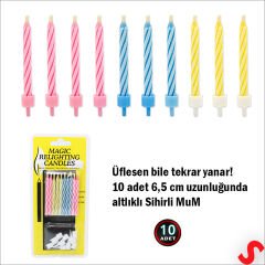 Altlıklı Sönmeyen Sihirli Mum - 6,5 cm x 10 Adet