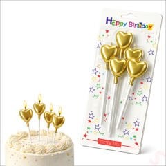Çubuklu Metalik Altın Kalp Mum - 13 cm x 4 Adet