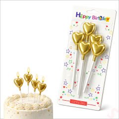 Çubuklu Metalik Altın Kalp Mum - 13 cm x 4 Adet
