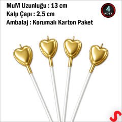 Çubuklu Metalik Altın Kalp Mum - 13 cm x 4 Adet