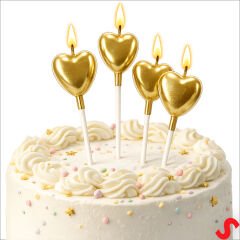 Çubuklu Metalik Altın Kalp Mum - 13 cm x 4 Adet