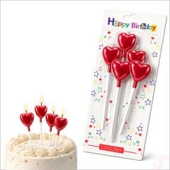 Çubuklu Metalik Kırmızı Kalp Mum - 13 cm x 4 Adet