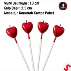 Çubuklu Metalik Kırmızı Kalp Mum - 13 cm x 4 Adet