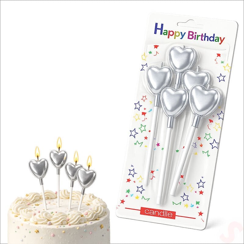 Çubuklu Metalik Gümüş Kalp Mum - 13 cm x 4 Adet
