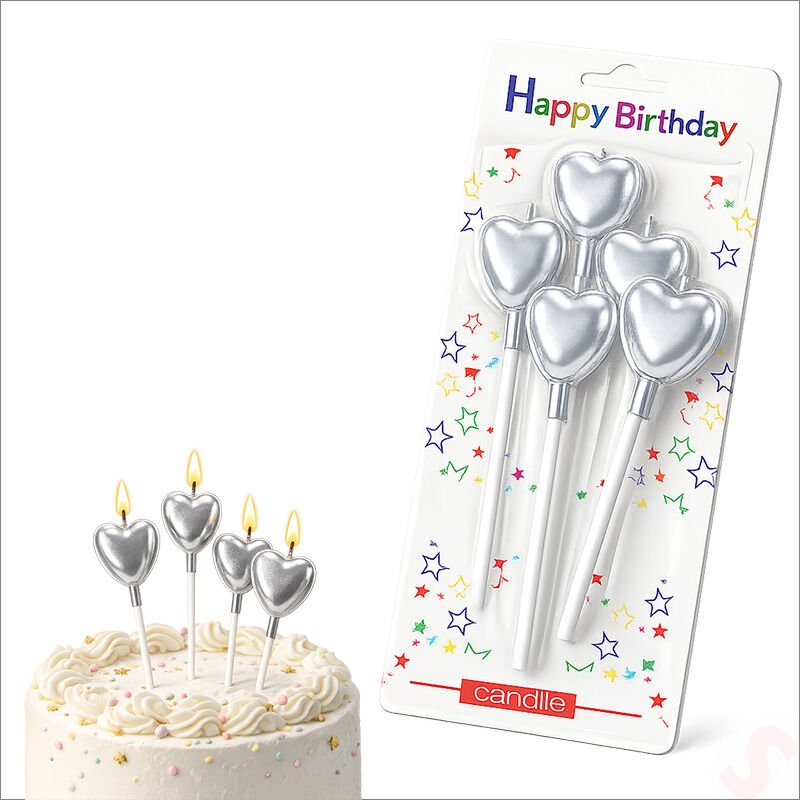 Çubuklu Metalik Gümüş Kalp Mum - 13 cm x 4 Adet