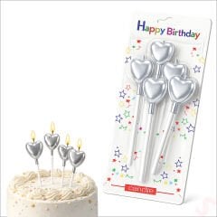 Çubuklu Metalik Gümüş Kalp Mum - 13 cm x 4 Adet