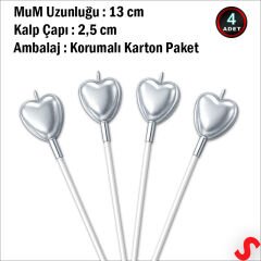 Çubuklu Metalik Gümüş Kalp Mum - 13 cm x 4 Adet