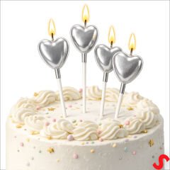 Çubuklu Metalik Gümüş Kalp Mum - 13 cm x 4 Adet