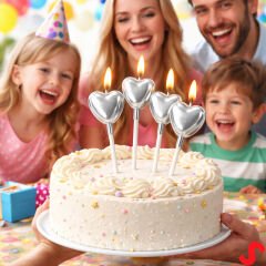 Çubuklu Metalik Gümüş Kalp Mum - 13 cm x 4 Adet