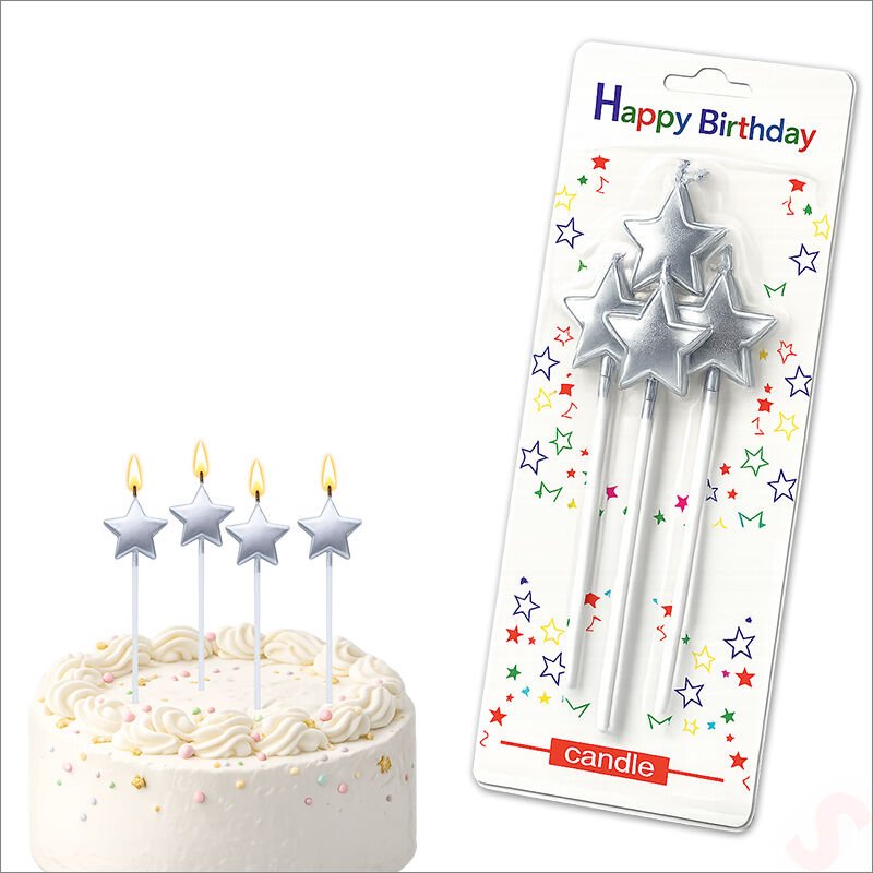 Çubuklu Metalik Gümüş Yıldız Mum - 14 cm x 4 Adet