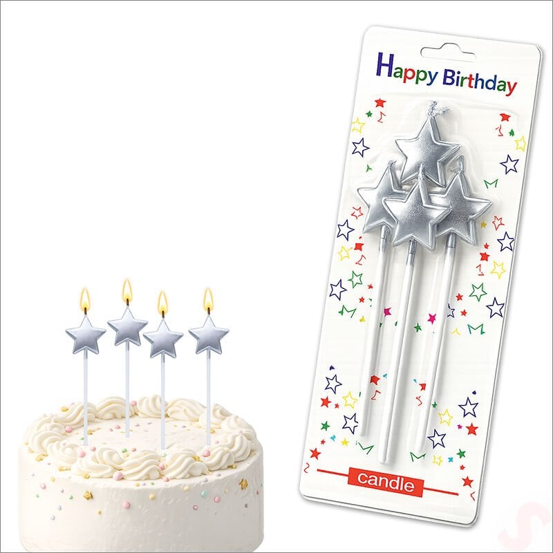 Çubuklu Metalik Gümüş Yıldız Mum - 14 cm x 4 Adet
