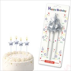 Çubuklu Metalik Gümüş Yıldız Mum - 14 cm x 4 Adet