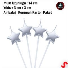 Çubuklu Metalik Gümüş Yıldız Mum - 14 cm x 4 Adet