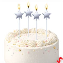 Çubuklu Metalik Gümüş Yıldız Mum - 14 cm x 4 Adet