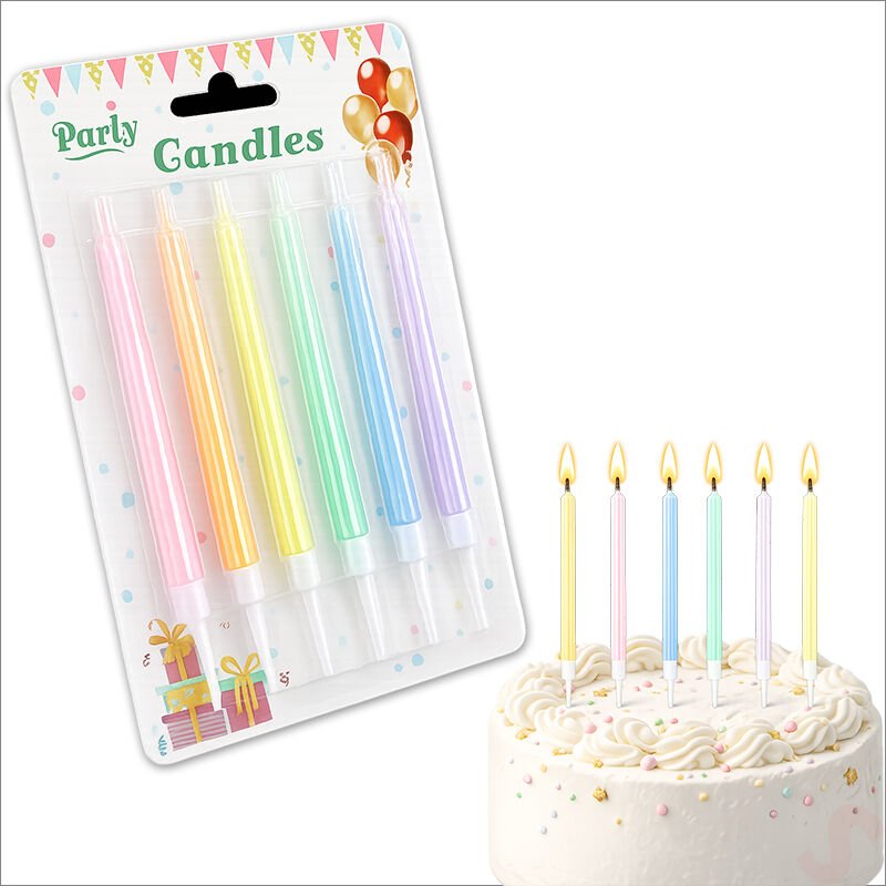 Makaron Renkli Sedef İnce Pasta Mumu 12 cm  - 6 Adet