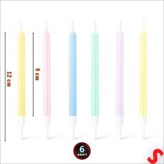 Makaron Renkli Sedef İnce Pasta Mumu 12 cm  - 6 Adet