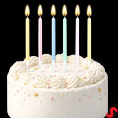 Makaron Renkli Sedef İnce Pasta Mumu 12 cm  - 6 Adet