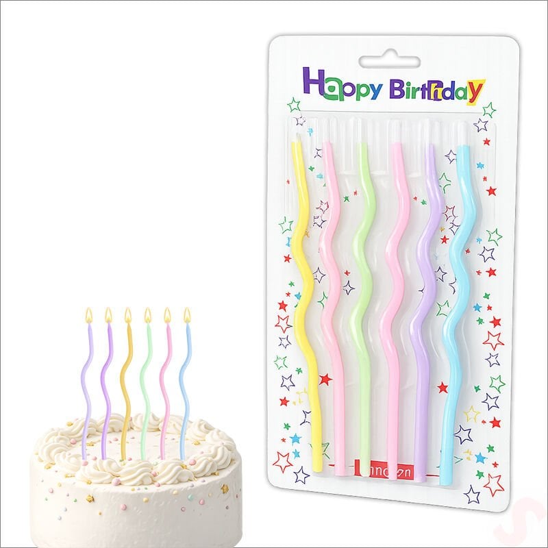 Makaron Renkli Spiral İnce Pasta Mumu 14 cm  - 6 Adet