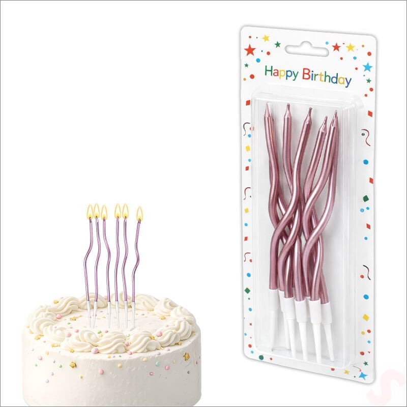 Pembe Metalik Krom Renkli Spiral Pasta Mumu 14 cm - 6 Adet