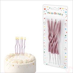 Pembe Metalik Krom Renkli Spiral Pasta Mumu 14 cm - 6 Adet