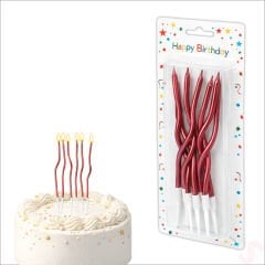 Kırmızı Metalik Krom Renkli Spiral Pasta Mumu 14 cm - 6 Adet