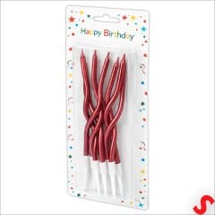 Kırmızı Metalik Krom Renkli Spiral Pasta Mumu 14 cm - 6 Adet