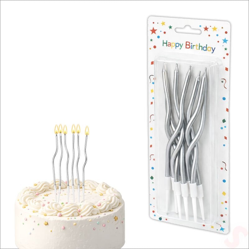 Gümüş Metalik Krom Renkli Spiral Pasta Mumu 14 cm - 6 Adet