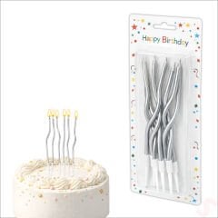Gümüş Metalik Krom Renkli Spiral Pasta Mumu 14 cm - 6 Adet